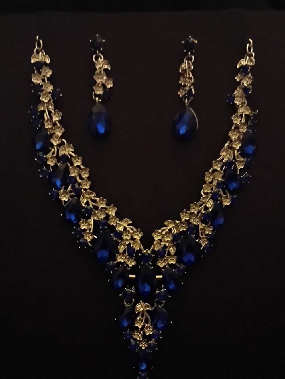 Gold and Royal Blue Crystal Statement Necklace Set